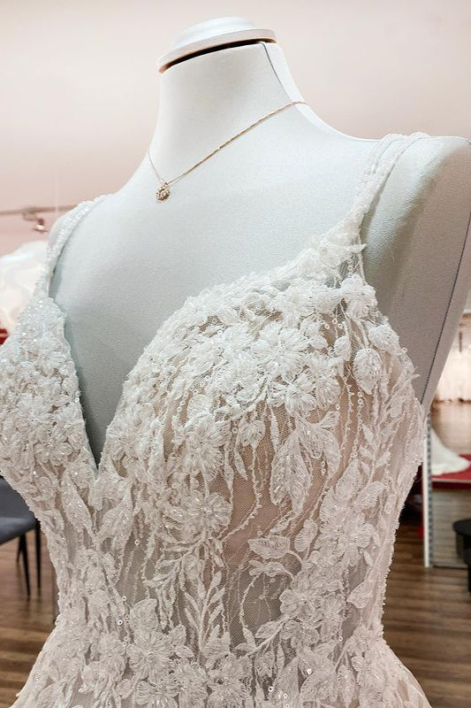 Chicloth Elegant V Neck Ivory Sleeveless Ruffles A-Line Wedding Dresses