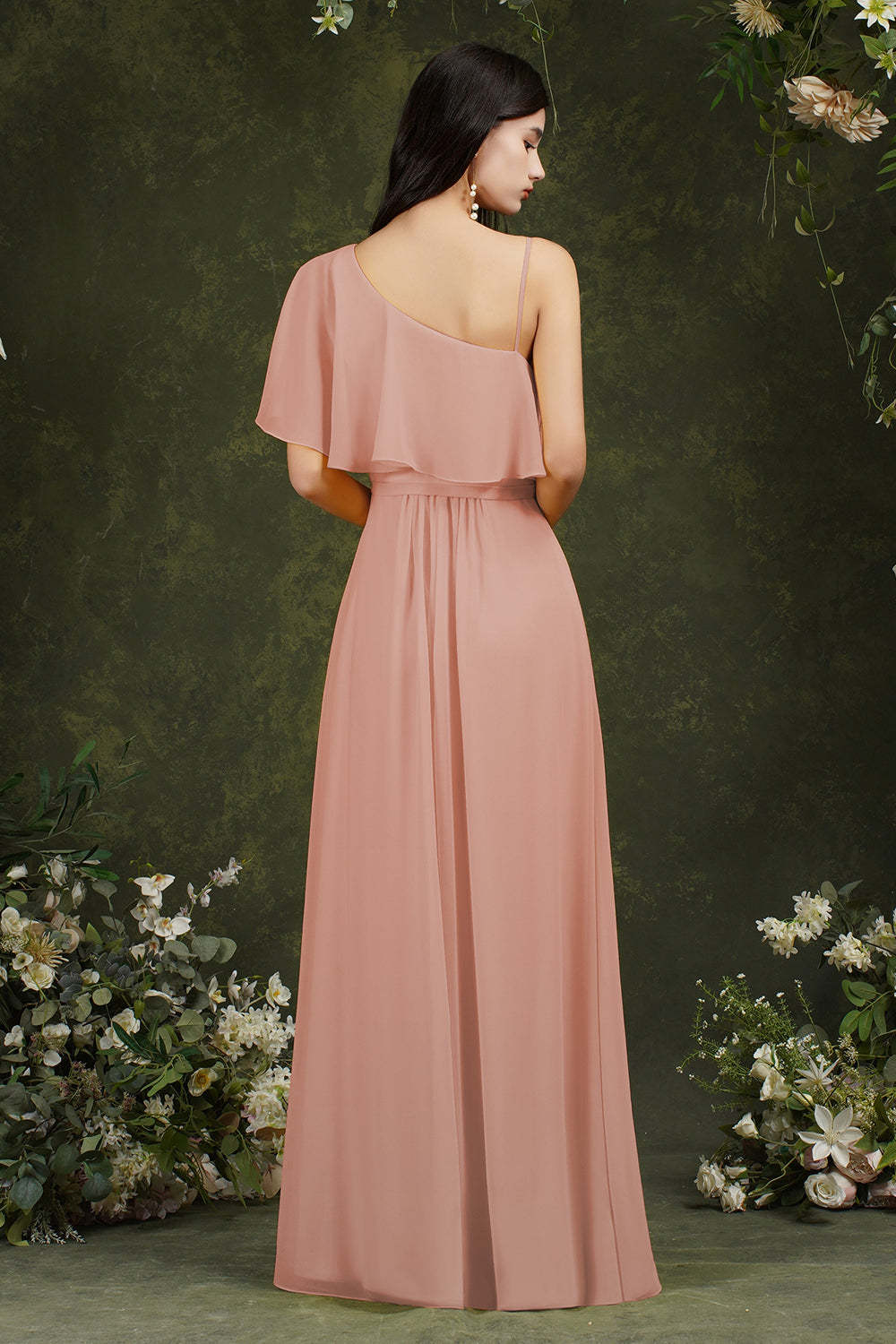 Chicloth One Shoulder Ruffles Bridesmaid Dress Long With Slit