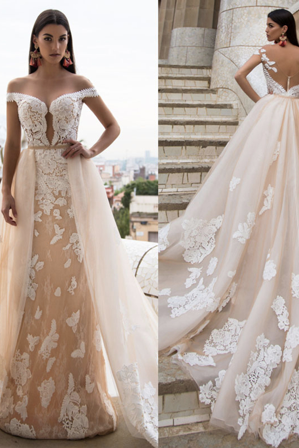 Gorgeous Off-Shoulder Princess Bridal Gown Lace Appliques Sheath Wedding Dress with Tulle Detachable Train