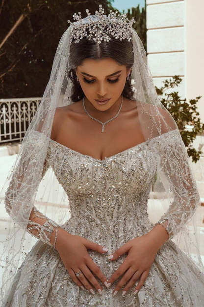 Chicloth Long Sleeves Crystal Wedding Dress Ball Gown Off-the-Shoulder