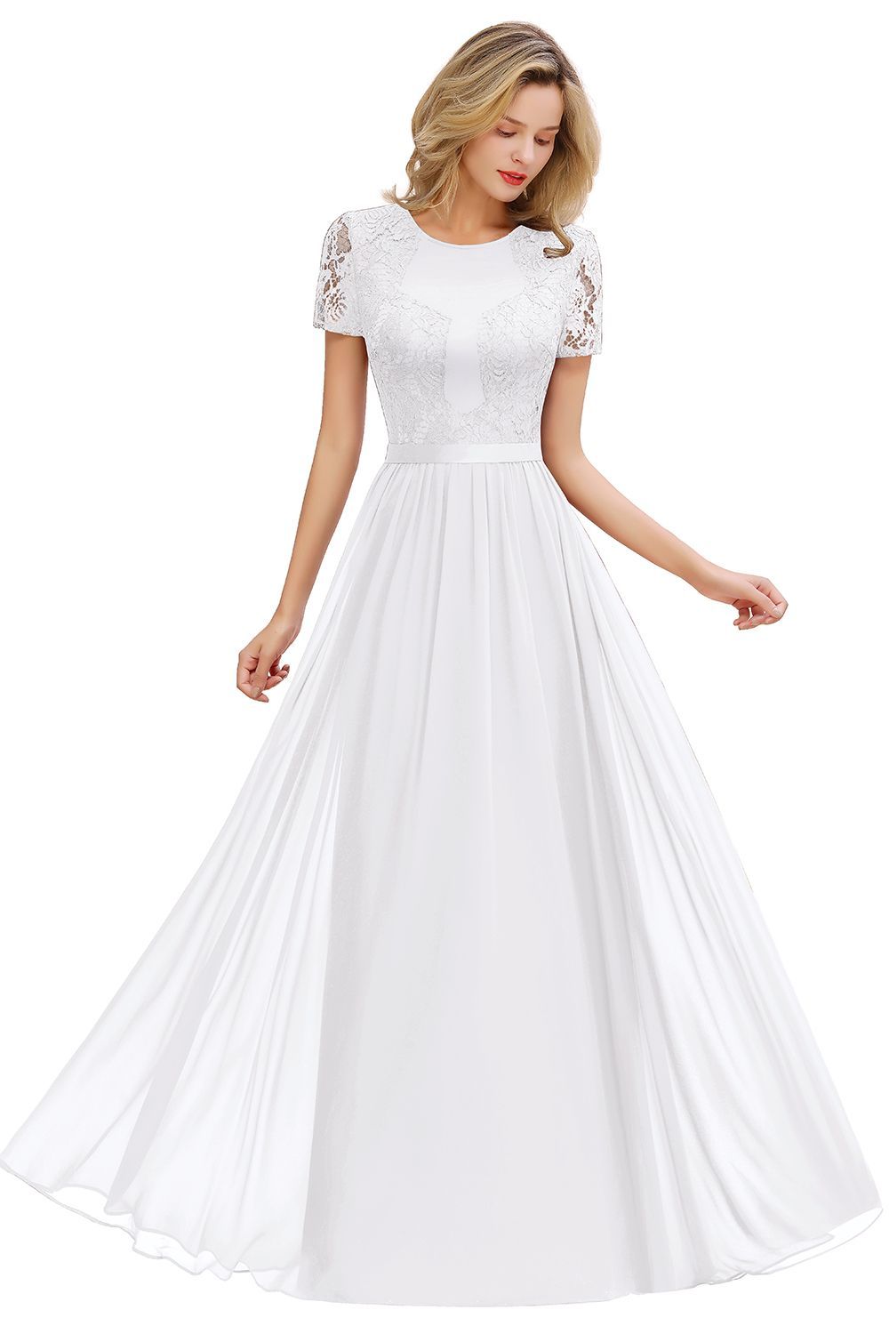 Chicloth Chic A-line Chiffon Lace Bridesmaid Dress with Short Sleeves