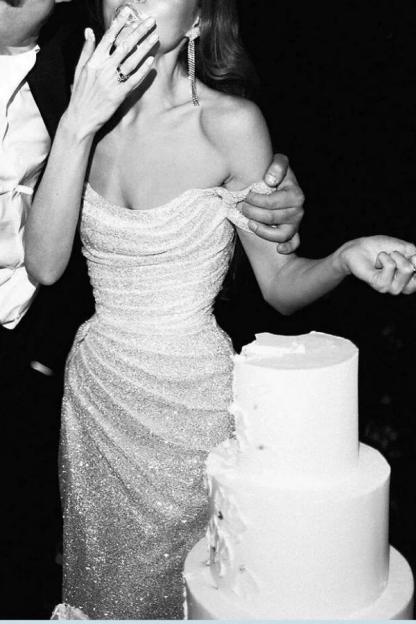 Off Shoulder Sequined Mermaid Wedding Dress Simple Side Split Bridal Dress