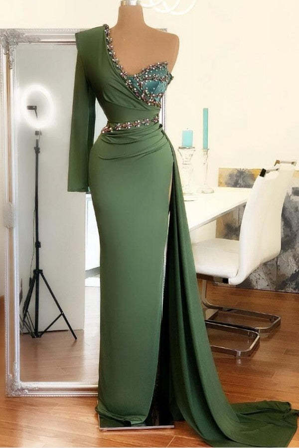Chicloth One Shoulder Long Sleeve Prom Dress Mermaid With Crystal