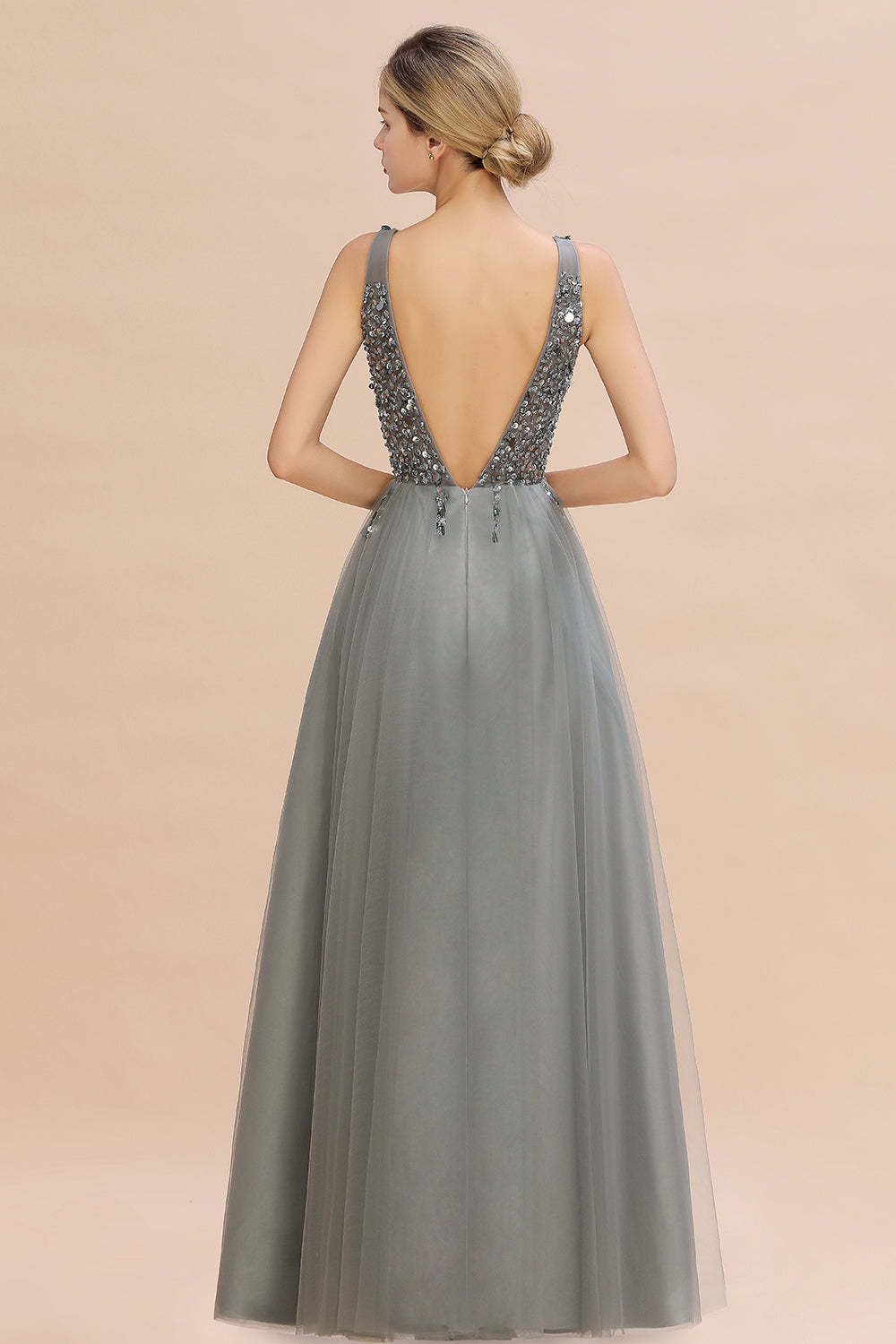 Chicloth Glamorous V-Neck Sleeveless Prom Dress Long Tulle Evening Gowns With Crystals