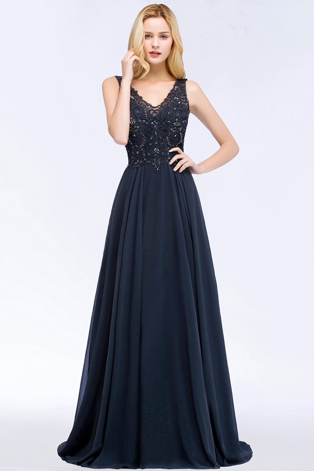 Chicloth A-line V-neck Sleeveless Long Appliqued Chiffon Prom Dress with Crystals