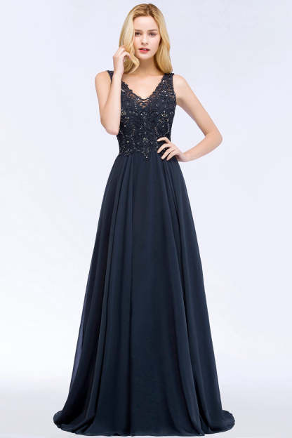 Chicloth A-line V-neck Sleeveless Long Appliqued Chiffon Prom Dress with Crystals