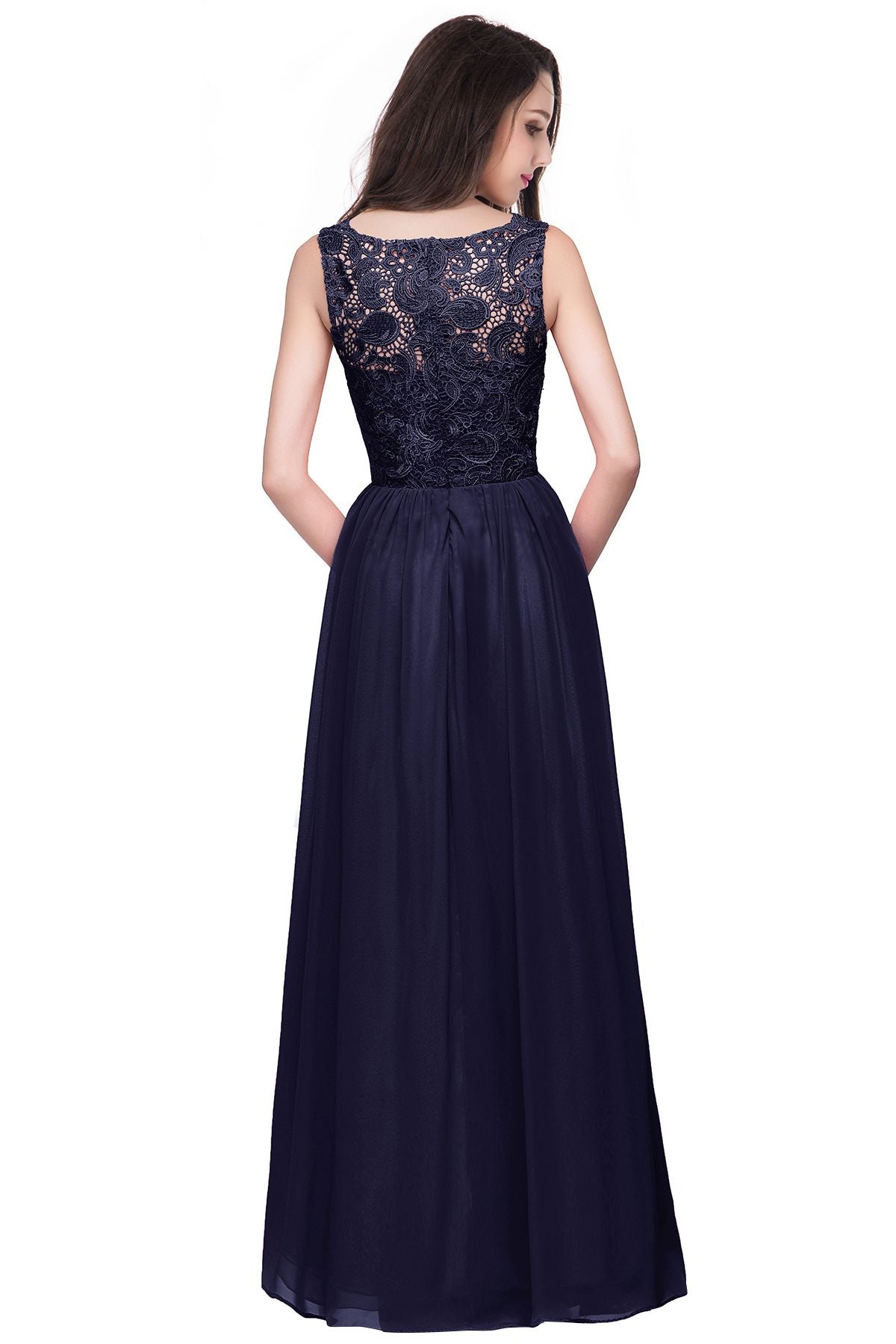Chicloth Affordable A-line Chiffon Crew Lace Navy Long Bridesmaid Dresses In Stock