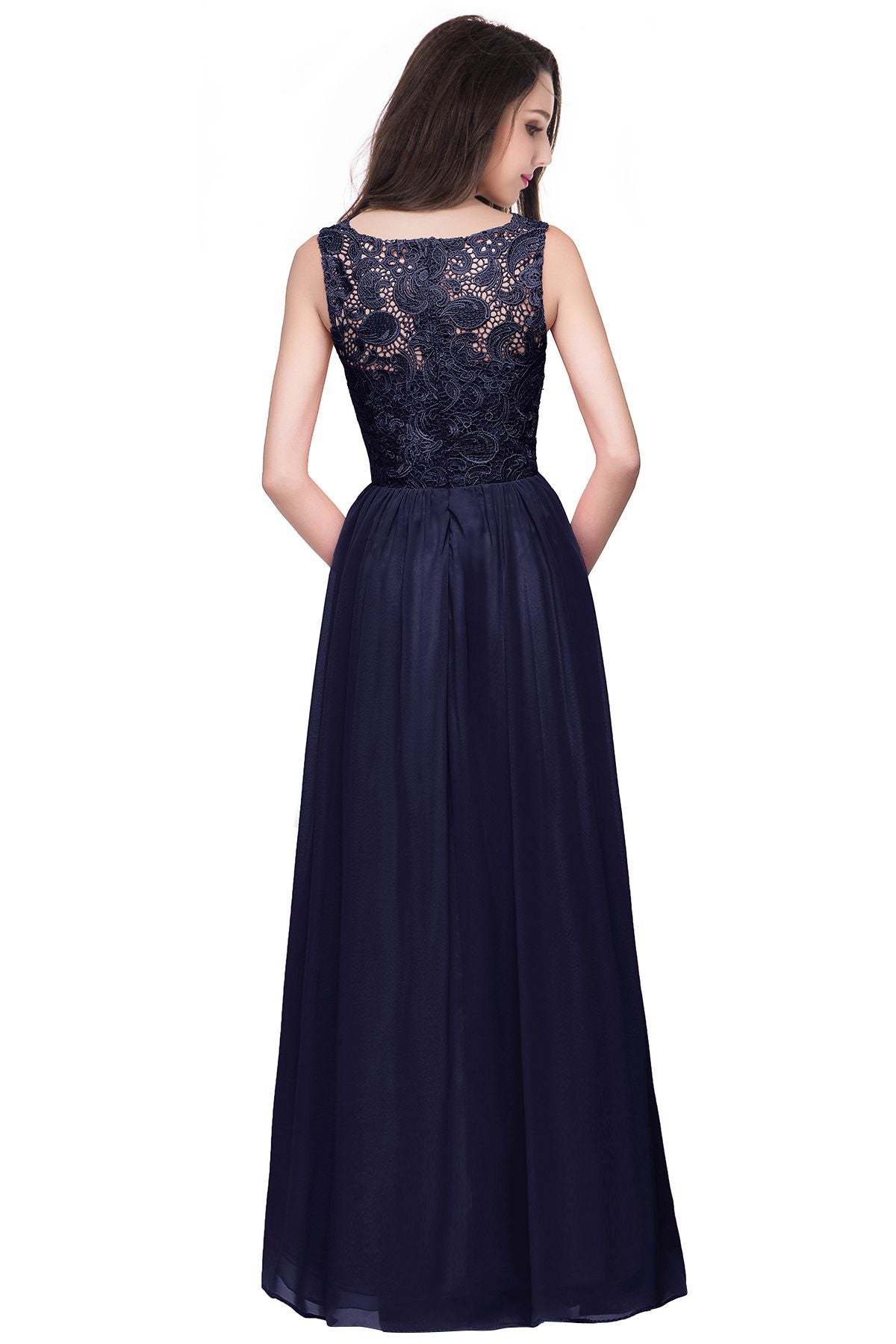 Chicloth Affordable A-line Chiffon Crew Lace Navy Long Bridesmaid Dresses In Stock