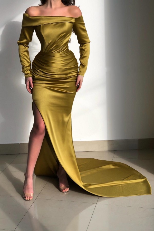 Off-the-Shoulder Long Sleeves Blonde High Split Mermaid Prom Dress