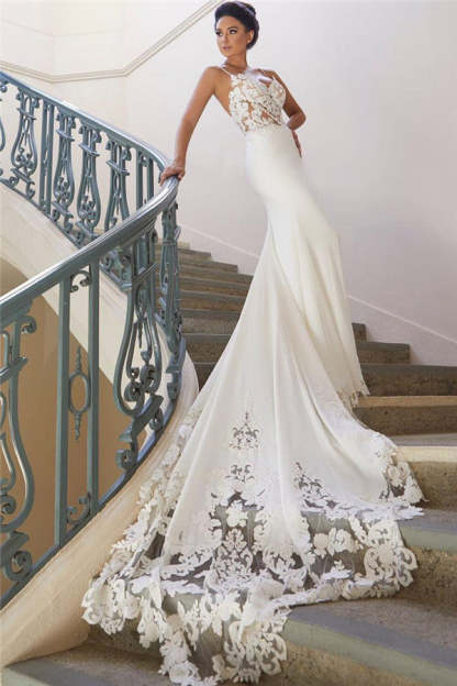 Chicloth Spaghetti-Straps Lace Wedding Dress Mermaid Sleeveless