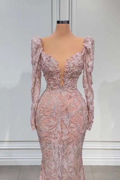 Sexy Pink Sweetheart Long Sleeve Lace Mermaid Prom Dress Evening Gowns