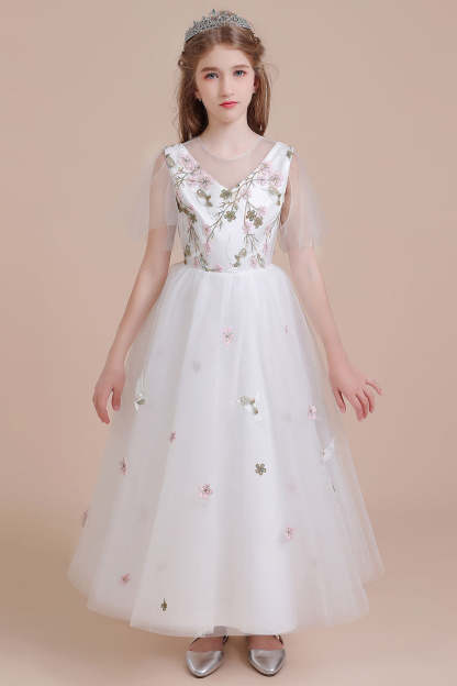 Chicloth A-Line Short Sleeve Embroidered Tulle Flower Girl Dress On Sale