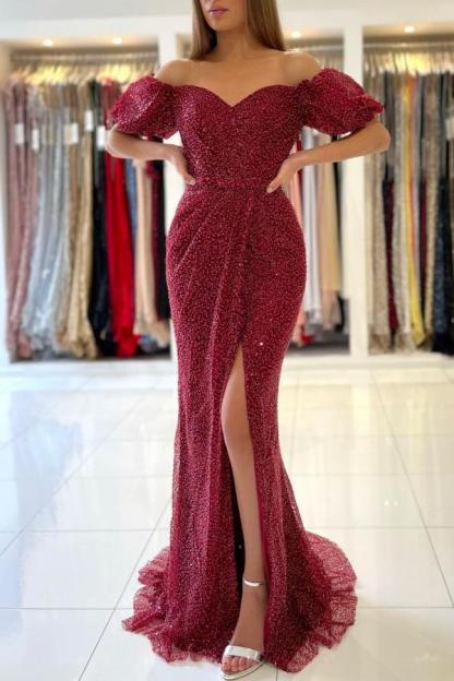 Chicloth Short Sleeves Mermaid Prom Dress Long With Slit Off-the-Shoulder