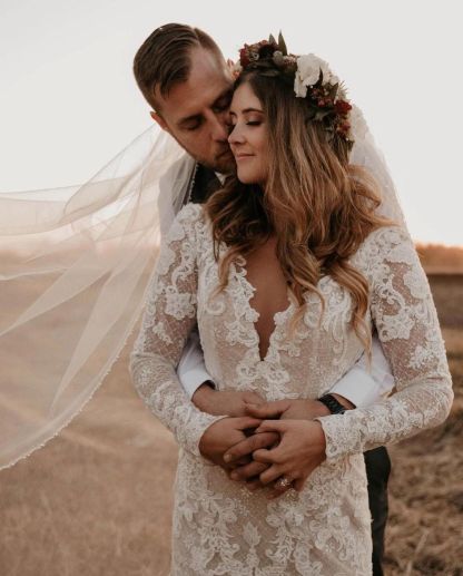 Chicloth Long Sleeves Mermaid Wedding Dress Boho Lace Bridal Gowns