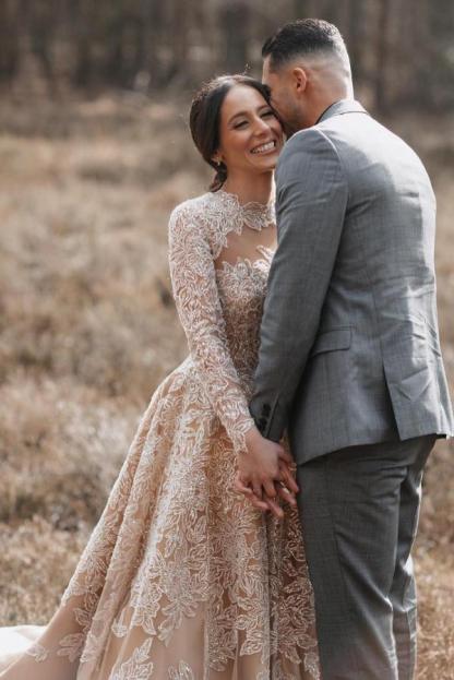 Chicloth Champagne Long Sleeves Wedding Dress Ball Gown With Appliques