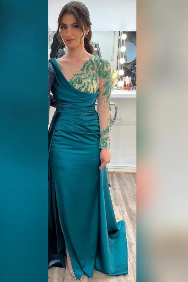 Long Sleeves V-Neck Blue Mermaid Prom Dress with Train