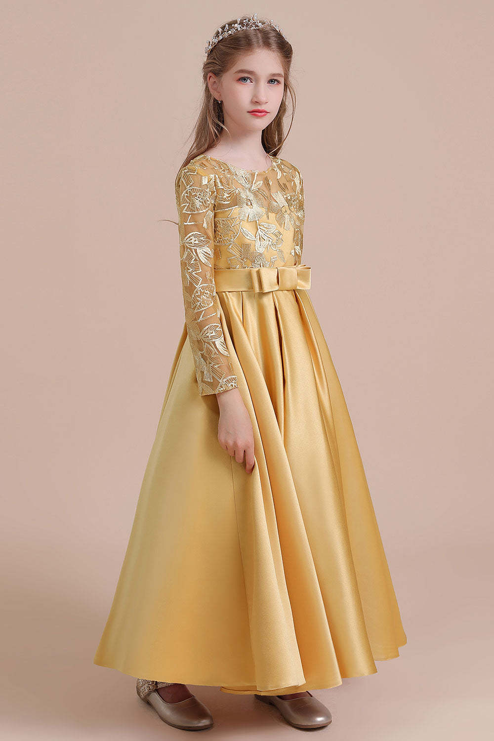 Chicloth A-Line Long Sleeve Satin Ankle Length Flower Girl Dress Online