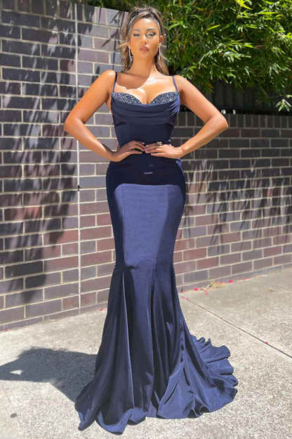 Chicloth Spaghetti-Straps Mermaid Prom Dress Long Sleeveless With Sequins