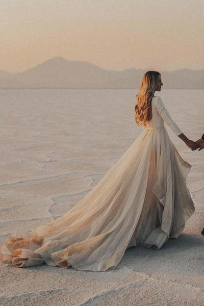 Chicloth Simple Long Sleeves Wedding Reception Dress Tulle