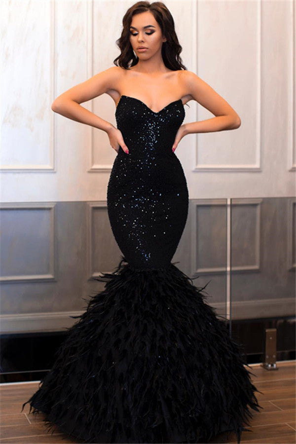 Chicloth Sweetehart Sequins Black Prom Dress Mermaid With Feather