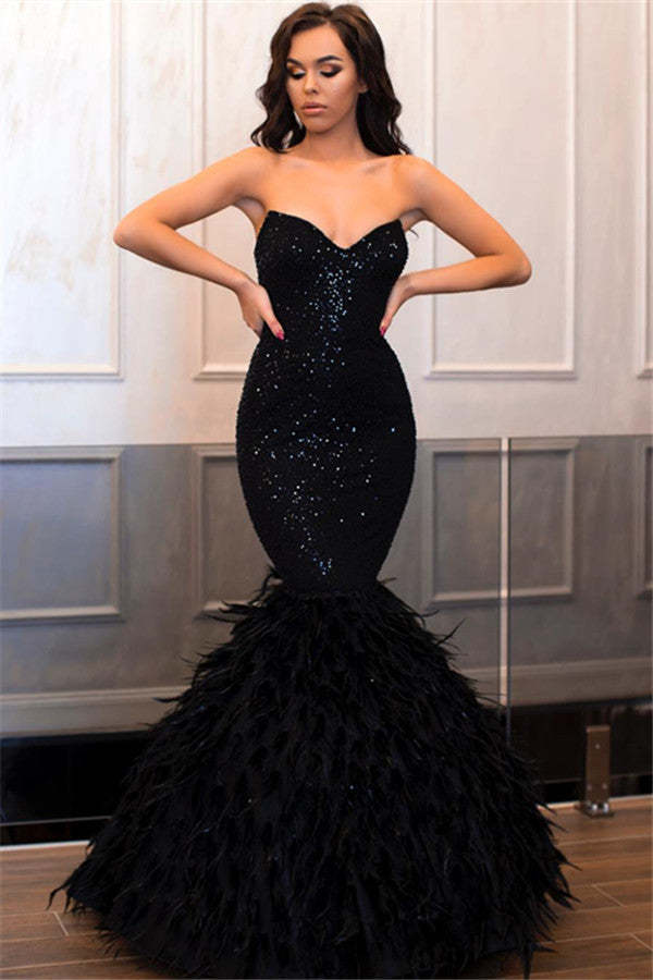 Chicloth Sweetehart Sequins Black Prom Dress Mermaid With Feather