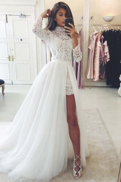 Chicloth Long Sleeves Lace Wedding Dress With Tulle Removable Skirt