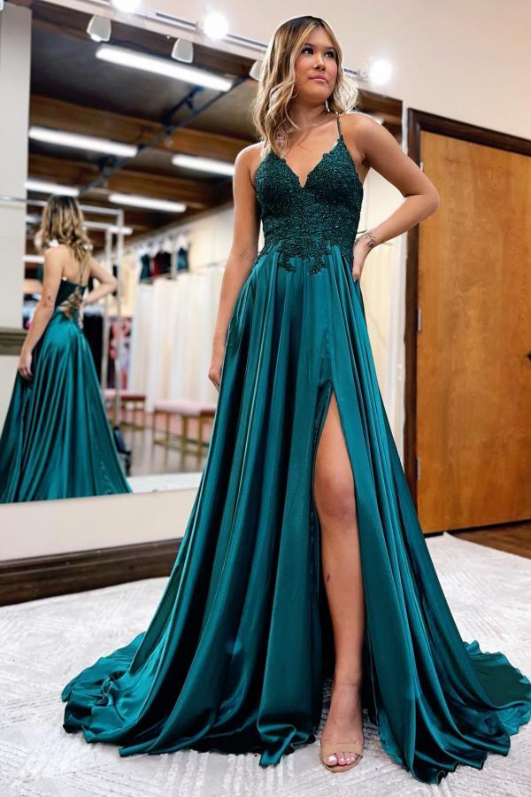 Chicloth V-Neck Sleeveless Long Prom Dress With Appliques Split