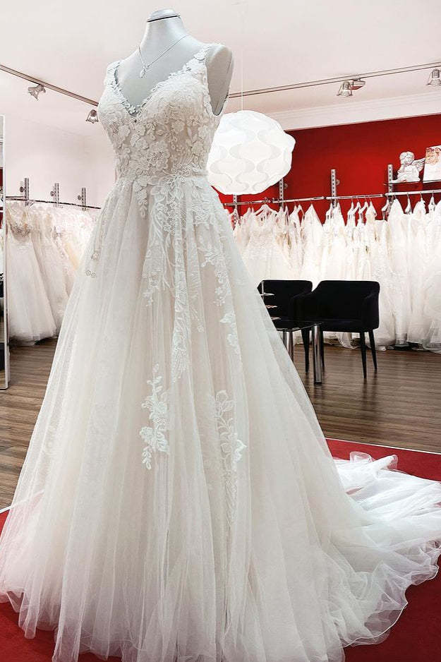 Chicloth Graceful Ivory Tulle V Neck Lace Ruffles A-Line Wedding Dresses