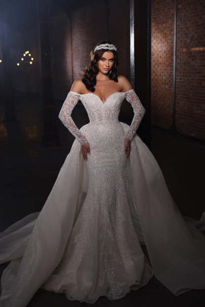 Chicloth Long Sleeves Wedding Dress Lace Mermaid With Detachable Skirt
