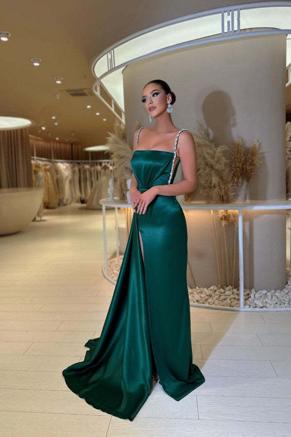 Chicloth Dark Green Prom Dress Straps Mermaid Long With Slit
