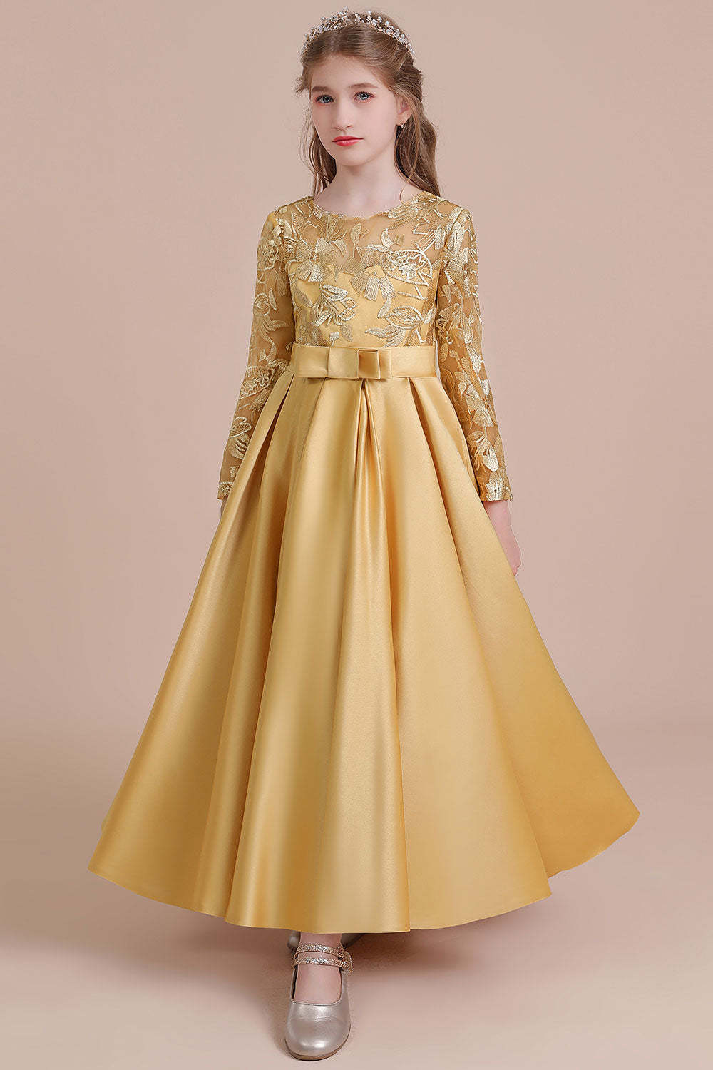 Chicloth A-Line Long Sleeve Satin Ankle Length Flower Girl Dress Online