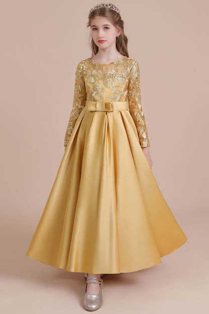 Chicloth A-Line Long Sleeve Satin Ankle Length Flower Girl Dress Online