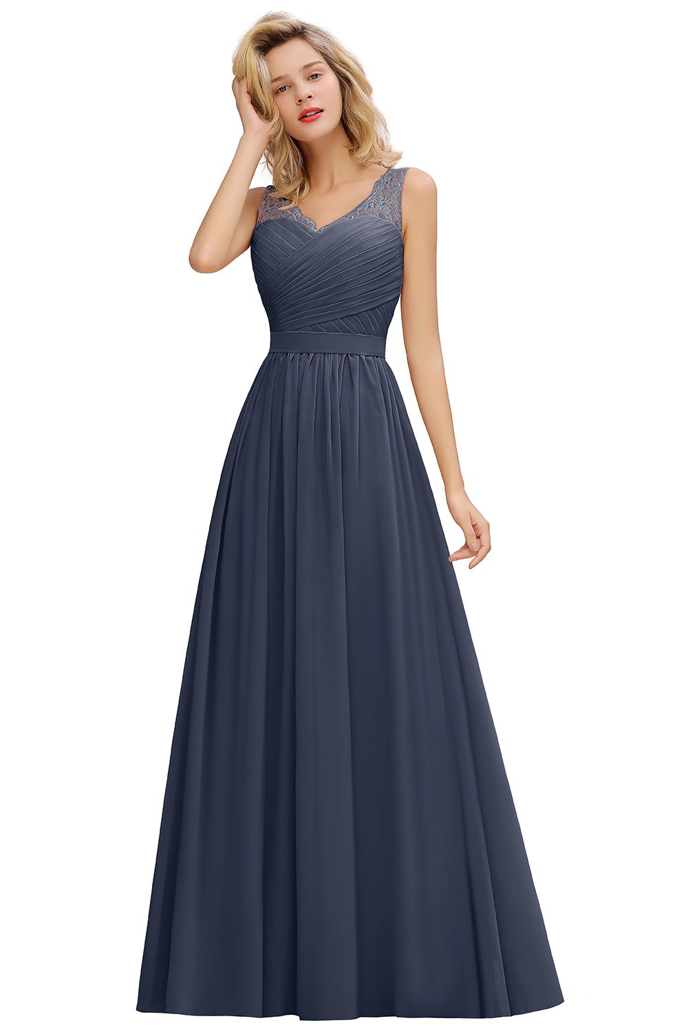 Chicloth A-line Chiffon Lace V-Neck Ruffles Bridesmaid Dress