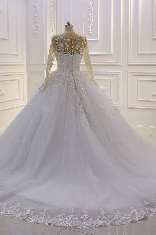 Chicloth Ball Gown Tulle Appliqus Wedding Dress Long Sleeves Jewel Beading Ruffles Bridal Gowns On Sale