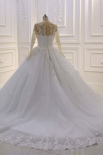 Chicloth Ball Gown Tulle Appliqus Wedding Dress Long Sleeves Jewel Beading Ruffles Bridal Gowns On Sale