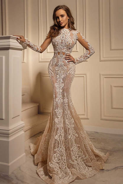 Chicloth Long Sleeves Lace Wedding Dress Mermaid Long