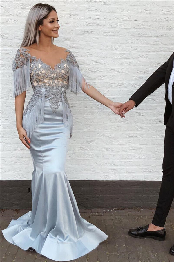 Mermaid Lace Appliqué Tassel Prom Dress | Short Sleeve V-Neck Evening Gown
