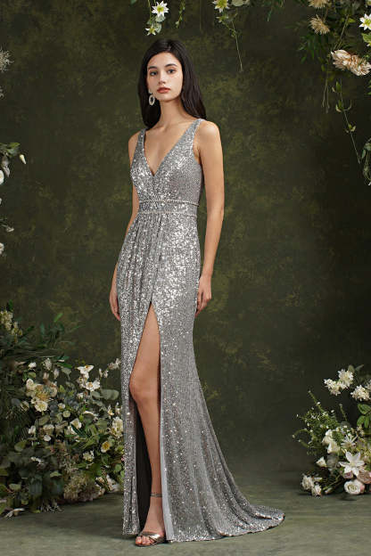 Chicloth Silver Sequins Bridesmaid Dress V-Neck Sleeveless With Slit