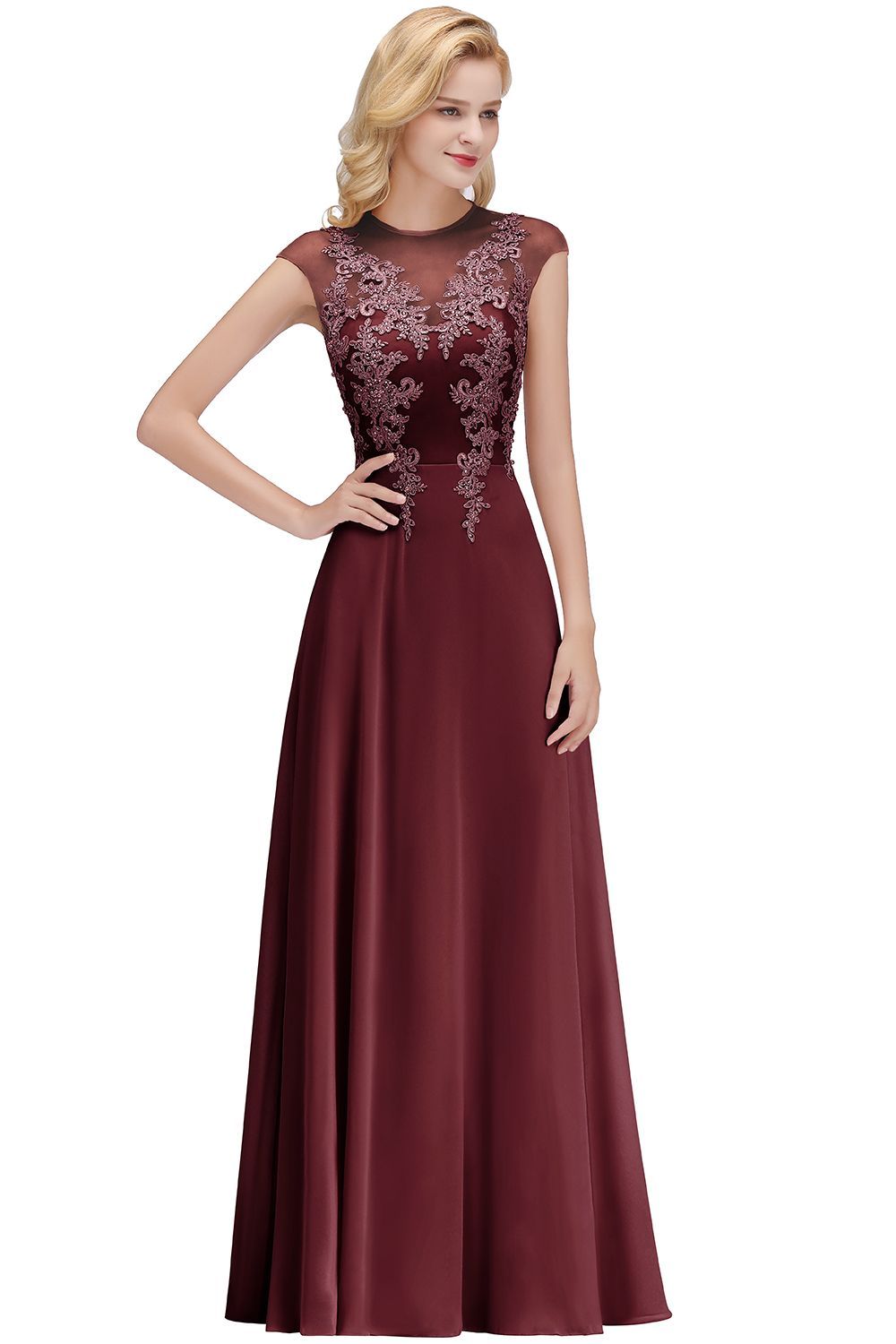 Chicloth A-line Jewel Sleeveless Chiffon Tulle Lace Bridesmaid Dress