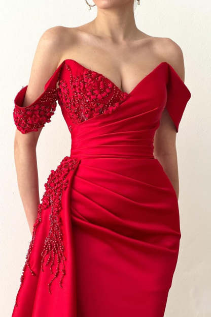 Chicloth Red Off-the-Shoulder Prom Dress Mermaid With Ruffles
