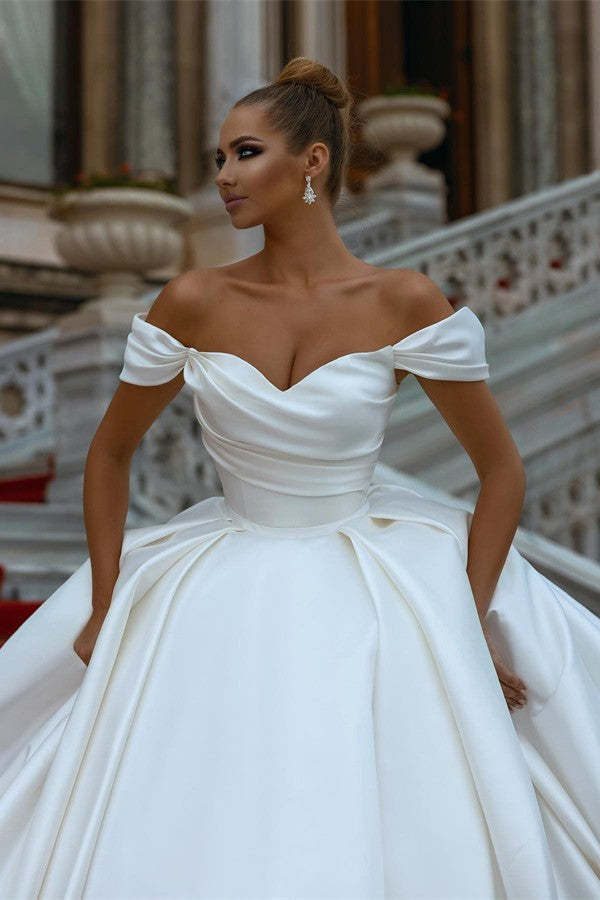 Chicloth Off-the-Shoulder Ball Gown Wedding Dress Ivory Satin Bridal Wear