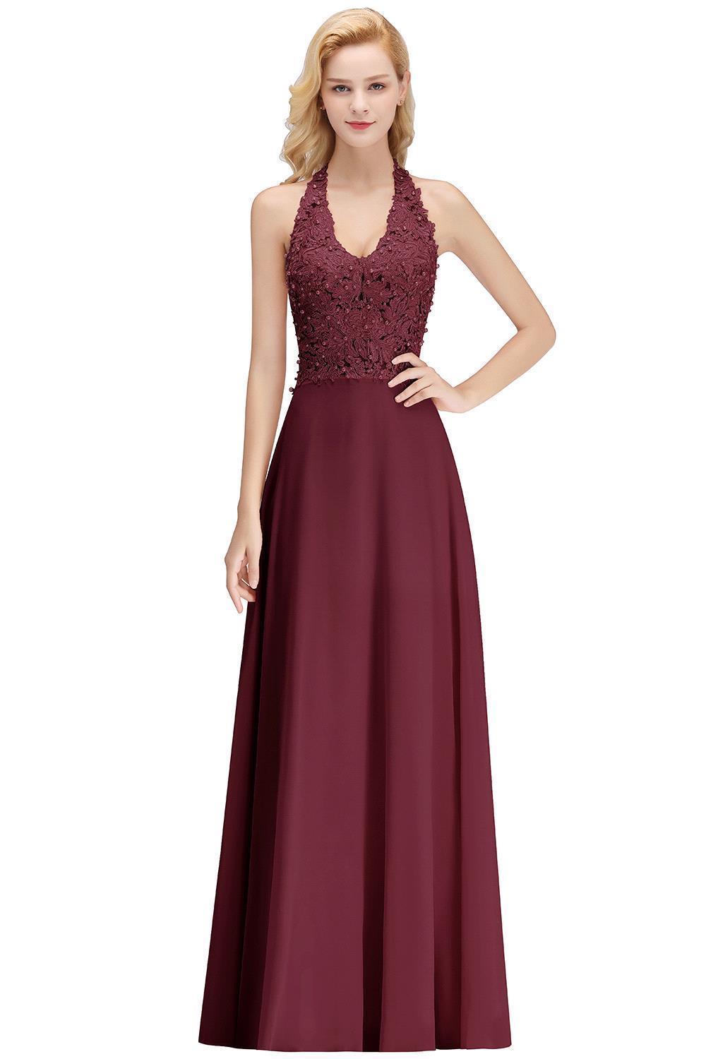 Chicloth A-line Halter Chiffon Lace Bridesmaid Dress with Beadings