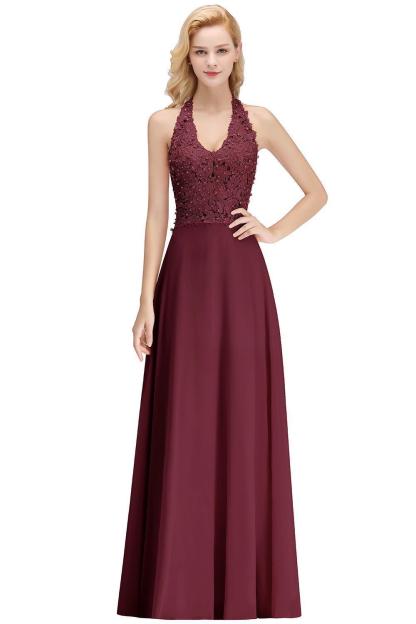 Chicloth A-line Halter Chiffon Lace Bridesmaid Dress with Beadings