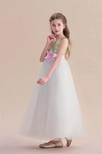 Chicloth A-Line Sequins Tulle High-waisted Flower Girl Dress On Sale