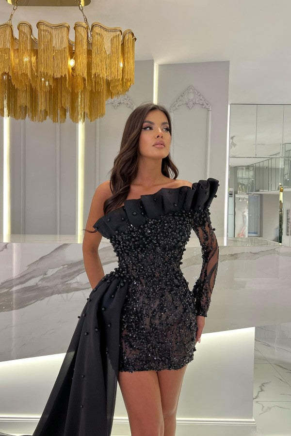 Chicloth Black One Shoulder Long Sleeve Short Prom Dress Sequins
