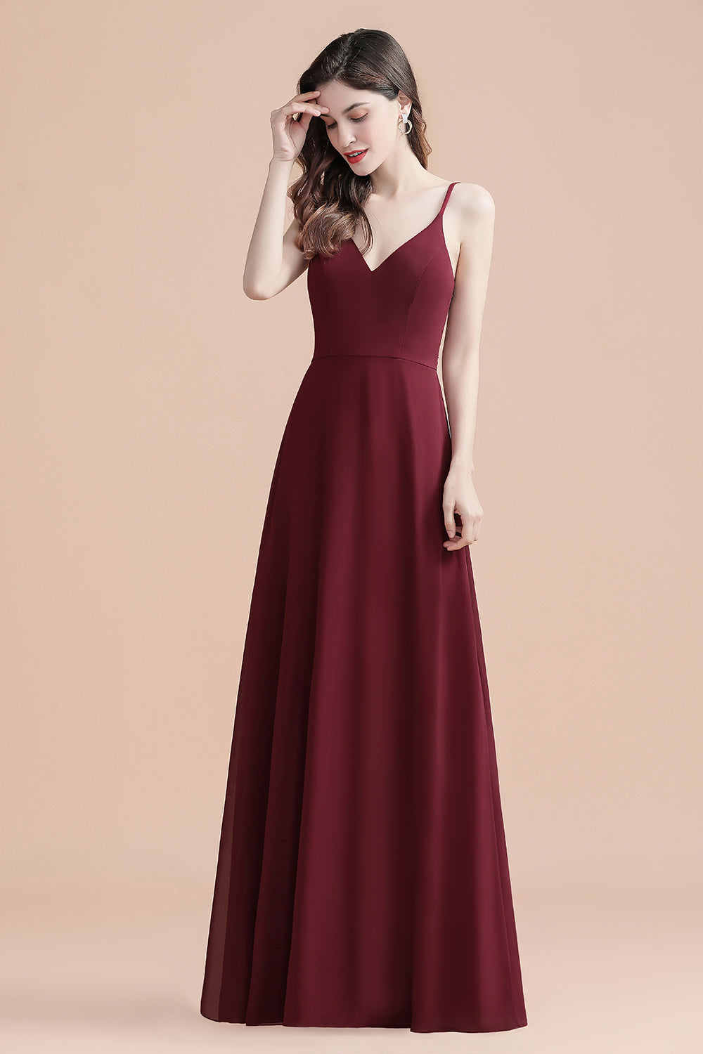 Chicloth Elegant V-Neck Burgundy Chiffon Bridesmaid Dress Lace Sequins Spaghetti Straps Evening Dress