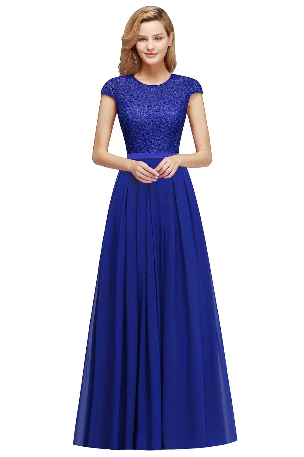 Chicloth A-line Jewel Short Sleeves Chiffon Lace Bridesmaid Dress