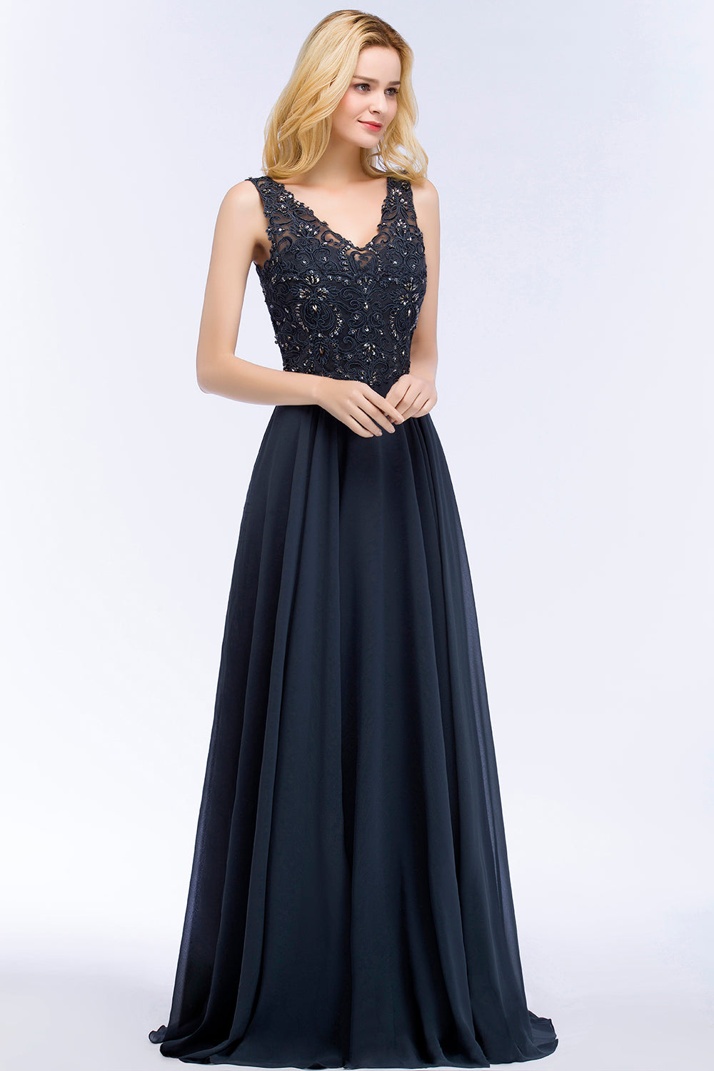 Chicloth A-line V-neck Sleeveless Long Appliqued Chiffon Prom Dress with Crystals