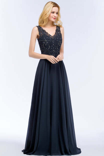 Chicloth A-line V-neck Sleeveless Long Appliqued Chiffon Prom Dress with Crystals