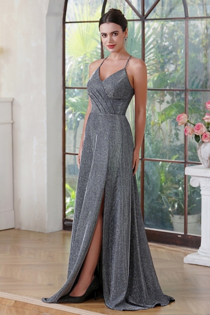 Long Grey Evening Dress Sleeveless Halter
